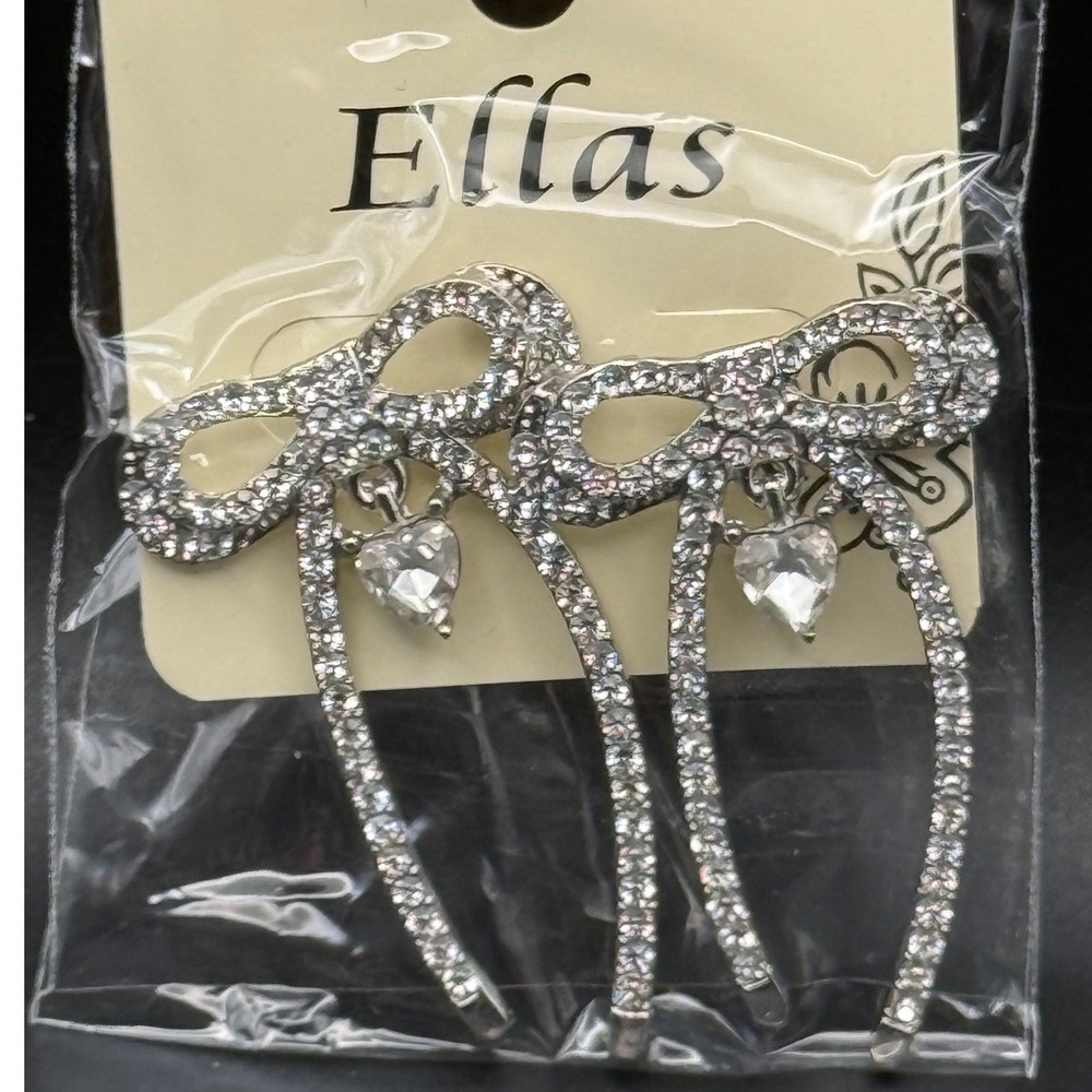 Ellas Silver Tone Rhinestone Bow Heart Dangle Drop Earrings‎ New